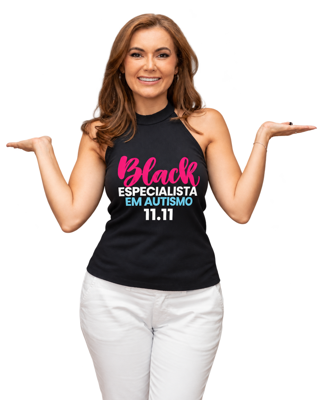 Dra. Aline Abreu vestindo a camiseta do Black Especialista em Autismo